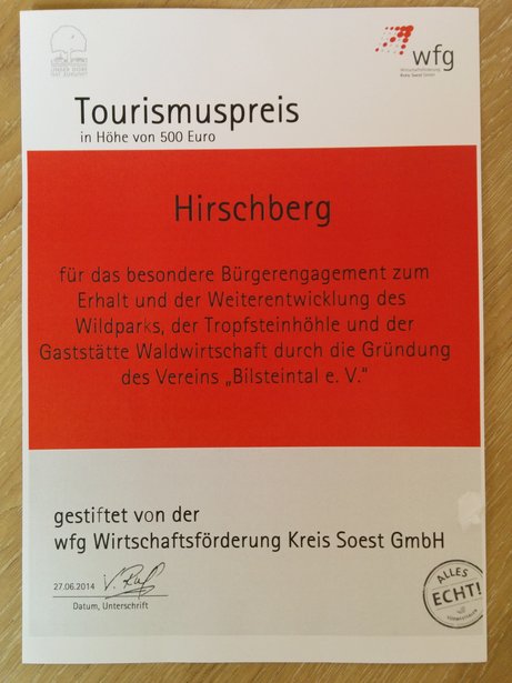 Urkunde für den Tourismuspreis 2014